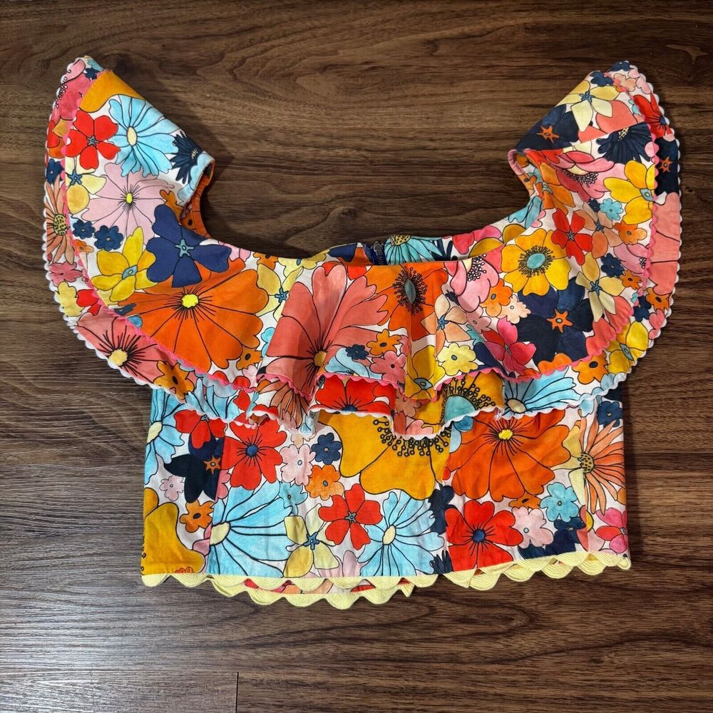 CeliaB Draped Off Shoulder Floral Colorful Zip Up Top Cropped Womens L Ruffles